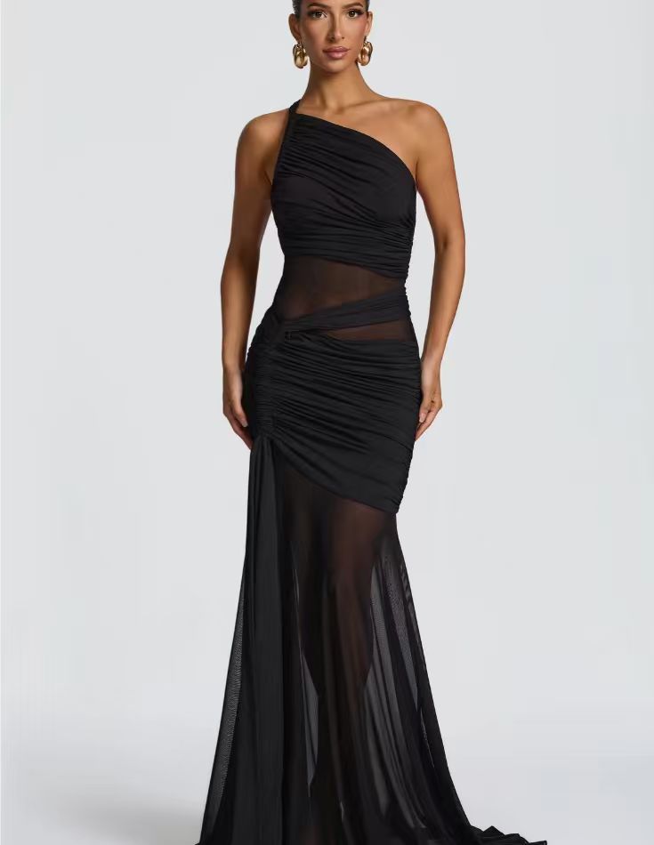 Slant Shoulder Mesh Cutout Carla Dress