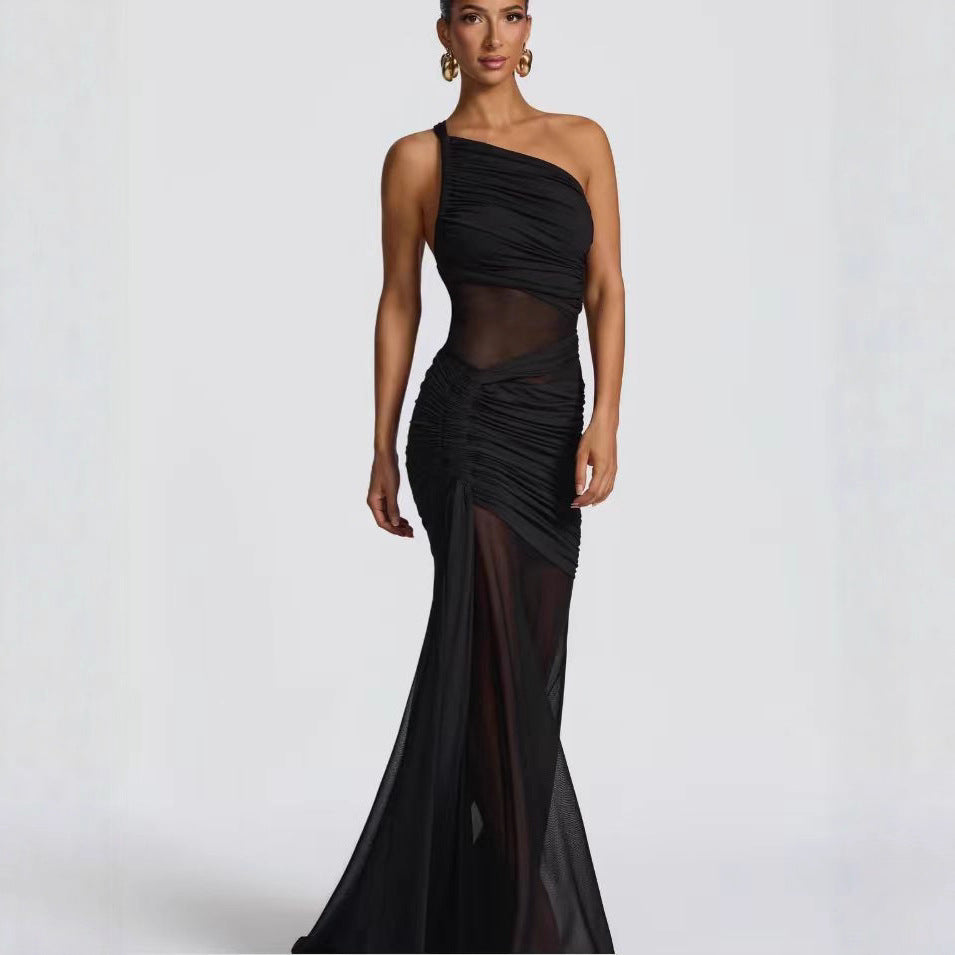 Slant Shoulder Mesh Cutout Carla Dress